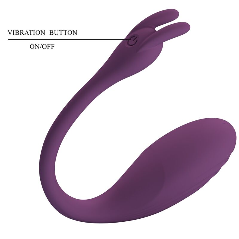 Un vibrador de silicona morado sobre fondo blanco con flecha al botón de encendido y apagado.