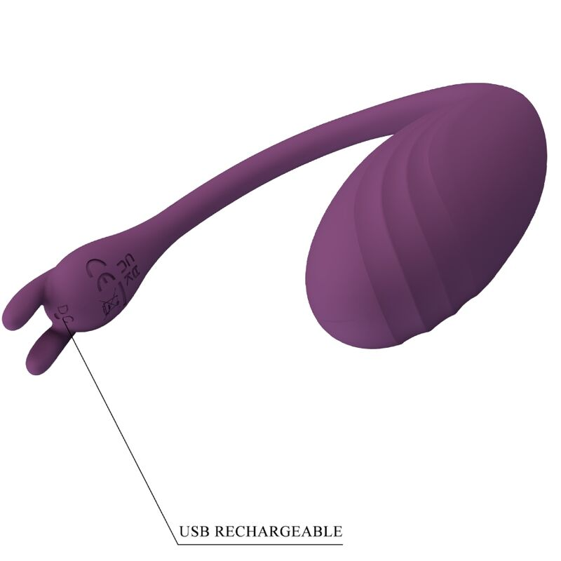 Un juguete para adultos recargable por USB de color púrpura sobre fondo blanco con una flecha.