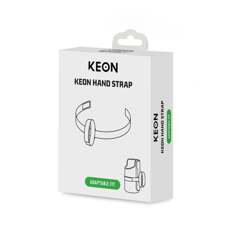 Empaque blanco para la correa de mano Keon con ilustraciones de la correa y el texto Adaptable Fit.