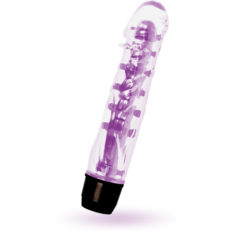Dildo para adultos rosa y transparente con base de acento negro sobre fondo blanco.