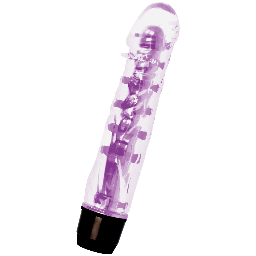 Un juguete para adultos morado y transparente con base negra sobre fondo blanco.
