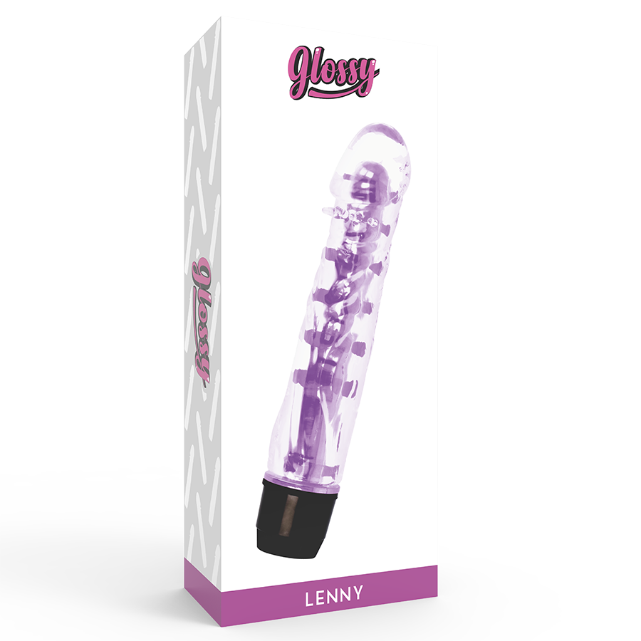 Dildo vibrador morado de material transparente en su empaque blanco y rosa con la marca Glossy.