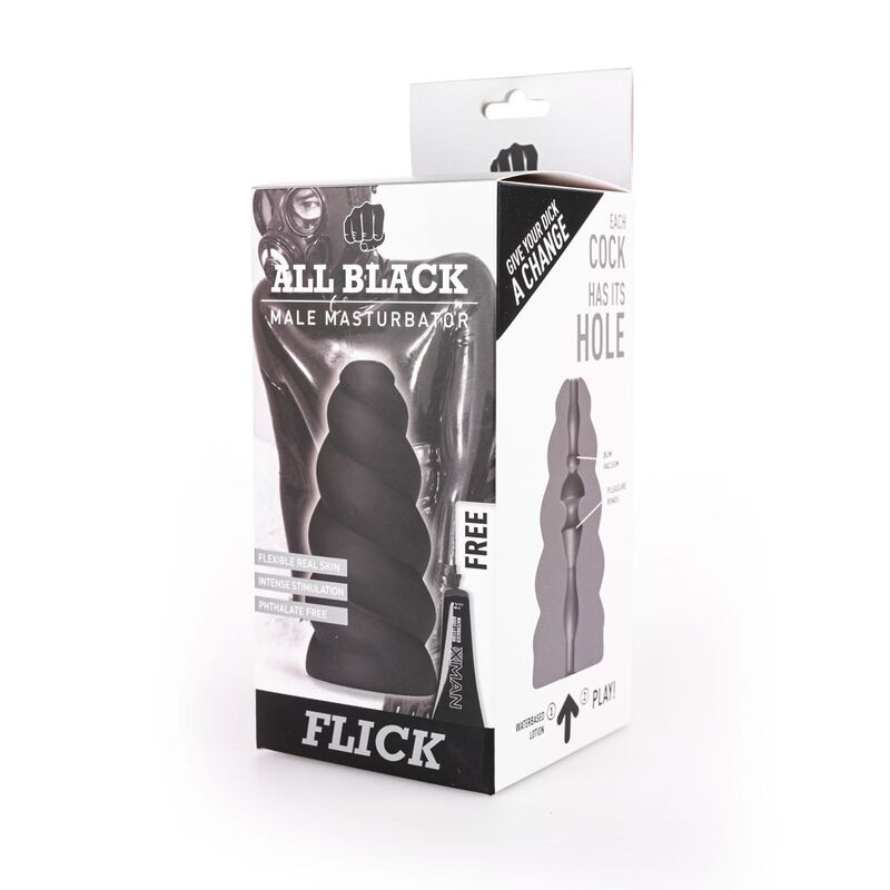 Produktverpackung eines schwarzen, gewellten Herrenmasturbators mit der Aufschrift 'All Black Male Masturbator'.
