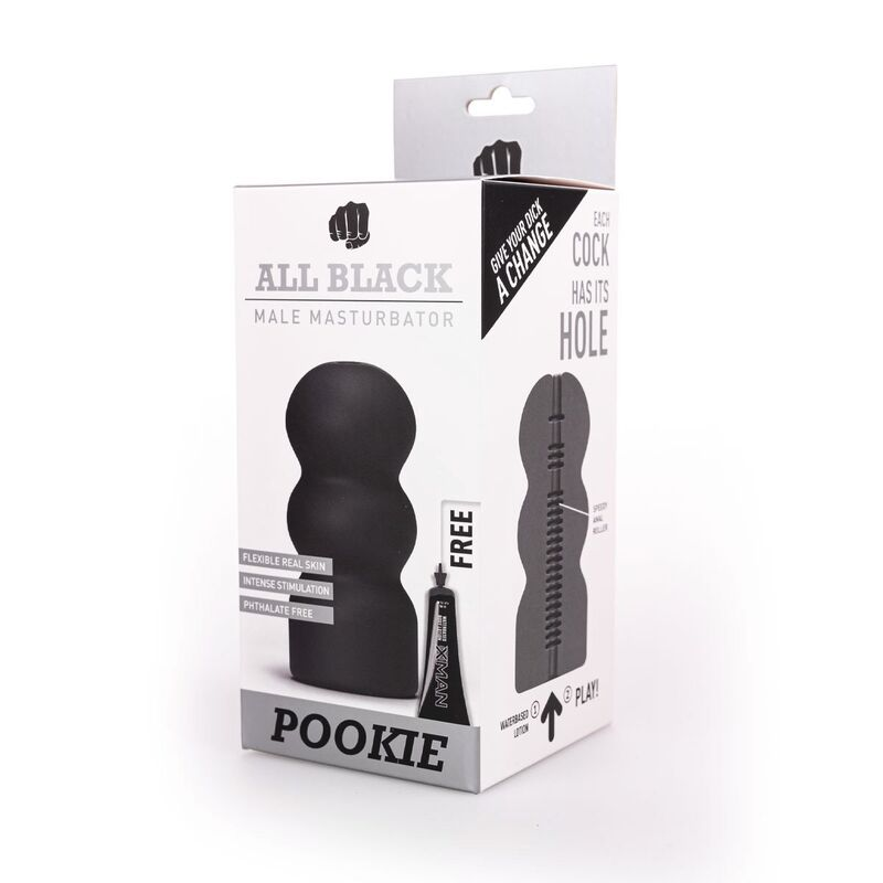 Weiße Box für All Black Pookie männlichen Masturbator mit Beispielfoto des schwarzen Spielzeugs und Gratis-Lotion.