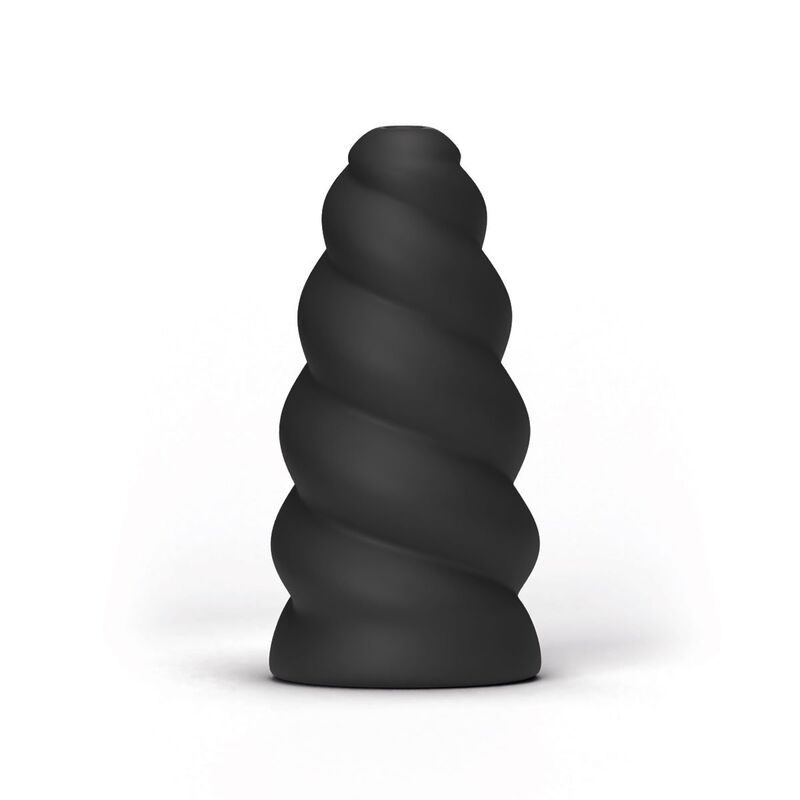Ein schwarzes, spiralförmiges Silikon-Sexspielzeug auf weißem Hintergrund.