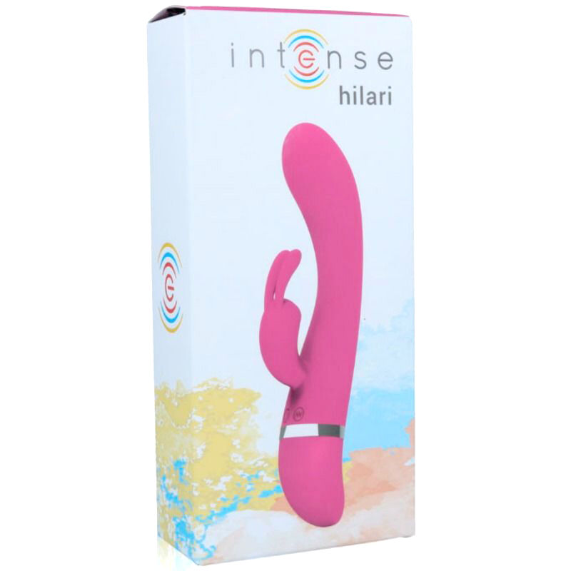 Caja de producto blanca de 'intense hilari' con la imagen de un vibrador rosa de forma curvada y orejas.