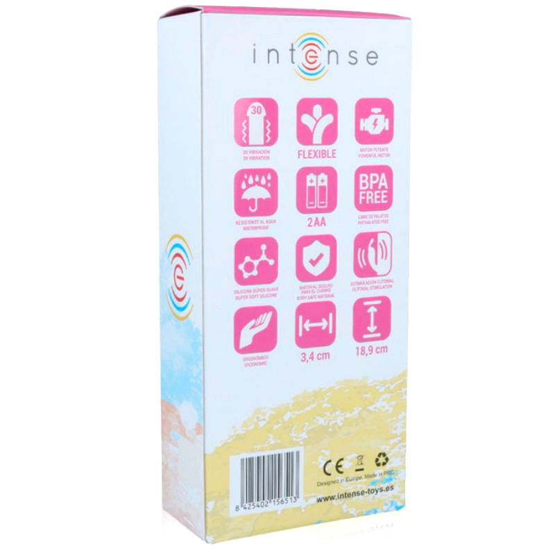 Caja de producto blanca y rosa con iconos de características, códigos de barras y texto.