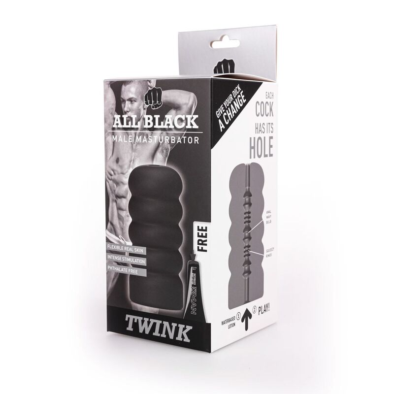 Produktverpackung eines schwarzen Männermasturbators mit Text und Abbildungen.