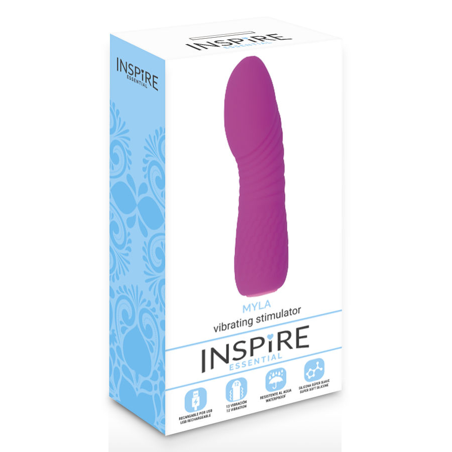 Verpackung eines violetten Myla-Vibrators mit Inspire-Essential-Logo und Icons f ür USB, 12 Modi und Wasserdichtigkeit.