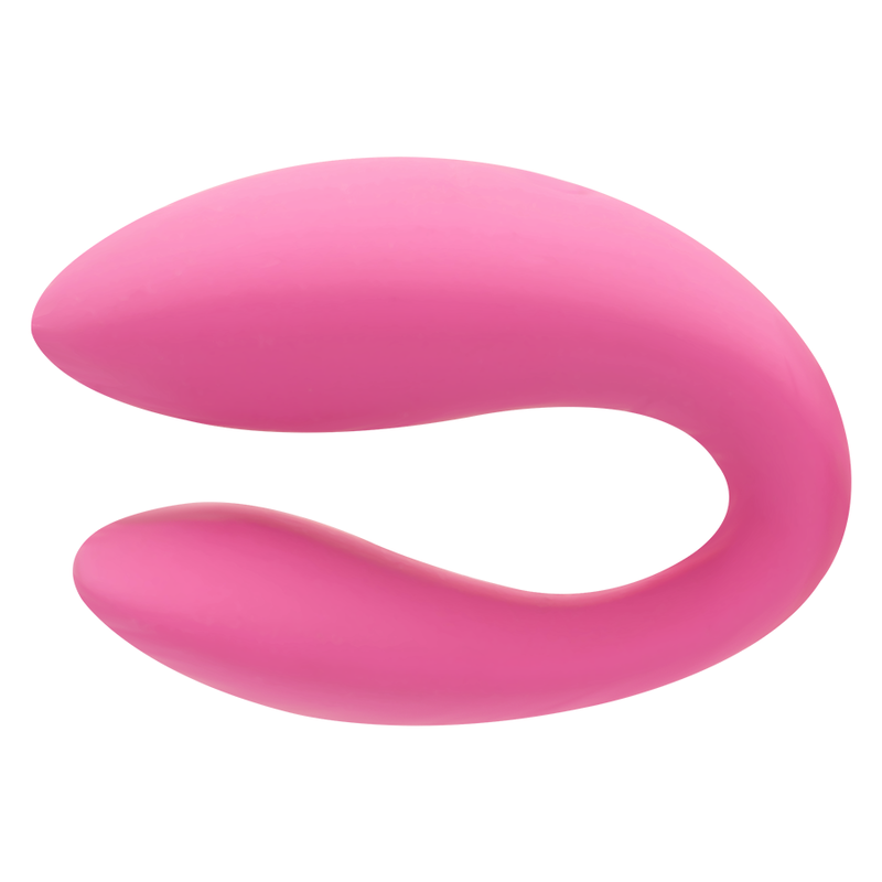 Ein glattes, pinkfarbenes erotisches Lifestyle-Objekt in U-Form vor weißem Hintergrund.
