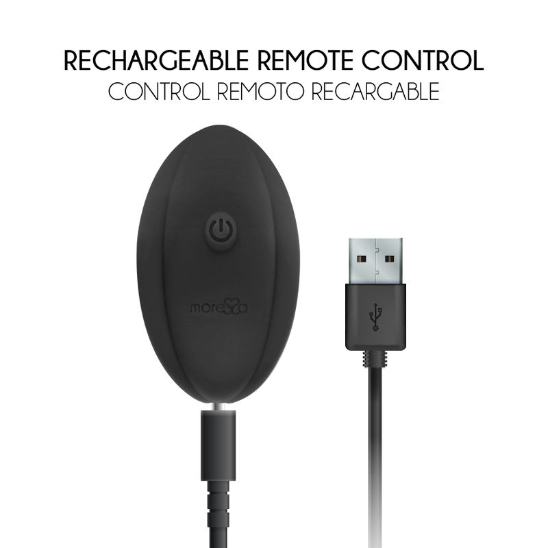 Schwarze, ovale Fernbedienung mit Ein-Aus-Taste und USB-Ladekabel auf weißem Hintergrund.