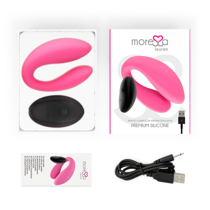 Rosa Partnerstimulator mit schwarzer Fernbedienung, Verpackung, Handbuch und Ladekabel auf weißem Hintergrund.