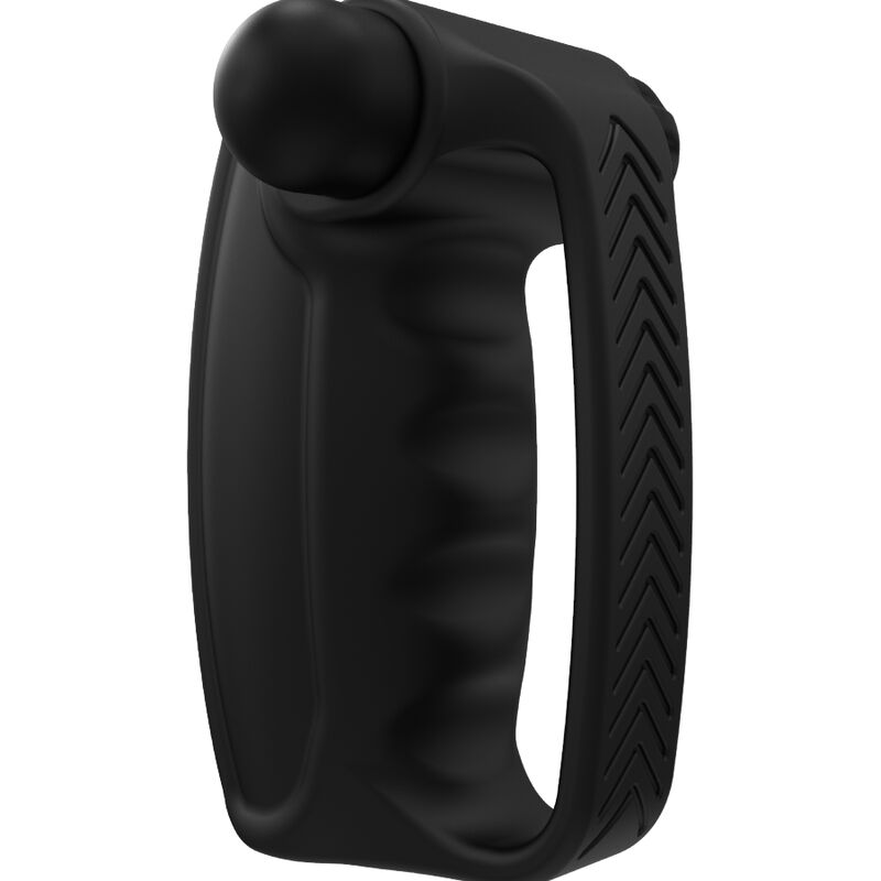 Ein schwarzes, ergonomisches Massagegerät mit Griff und einem Kugelaufsatz.