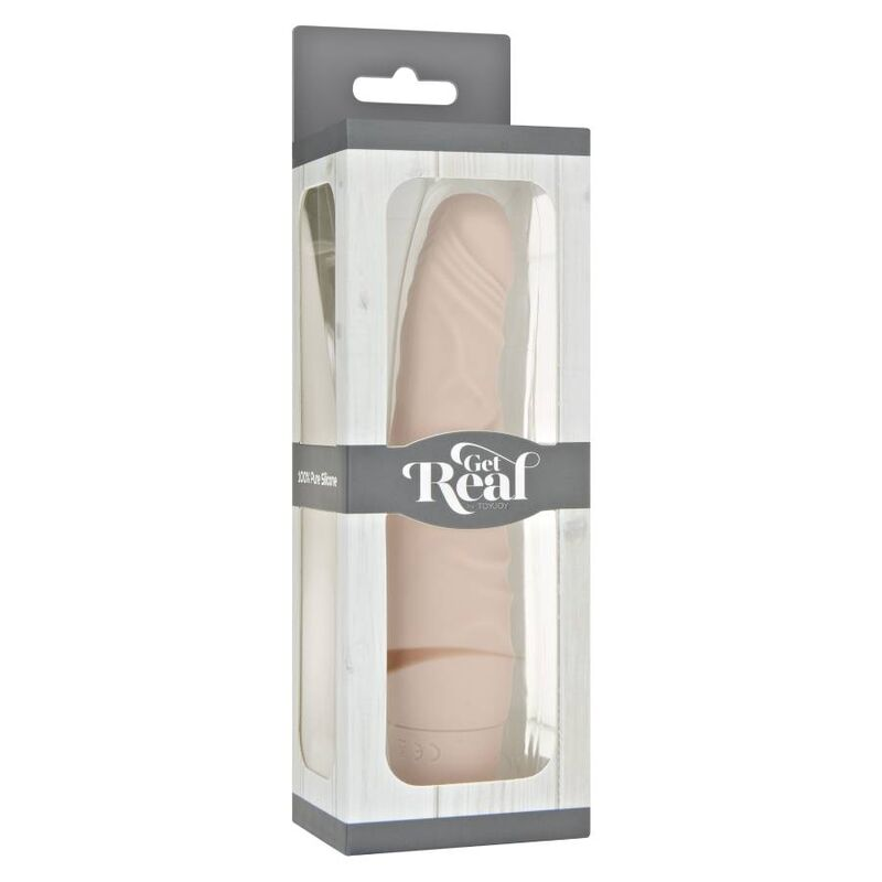 Un juguete sexual de silicona Get Real beige dentro de su empaque con borde gris.