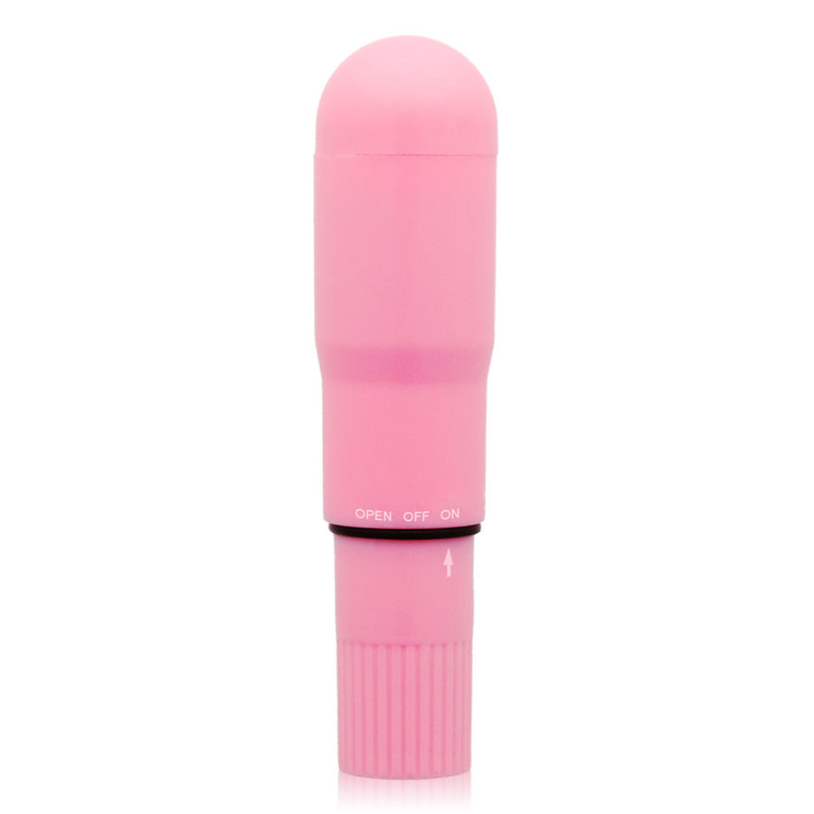 Un vibrador de bala rosa liso sobre fondo blanco con texto de control.