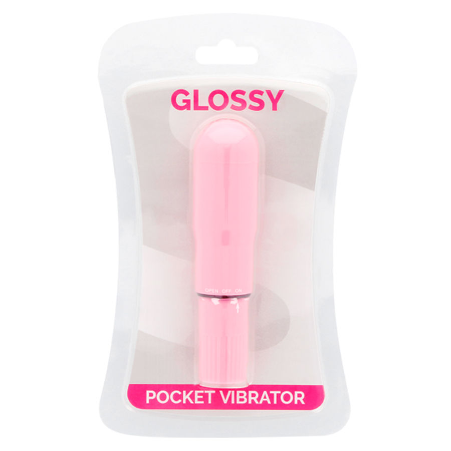 Un vibrador de bolsillo Glossy rosa en un empaque blanco y rosa sobre un fondo blanco.