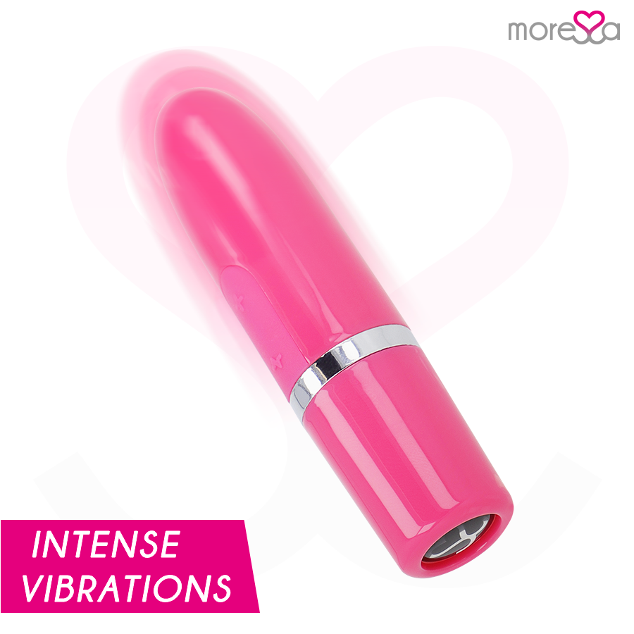 Ein glänzender, pinker Mini-Vibrator mit silbernem Ring vor weißem Hintergrund.