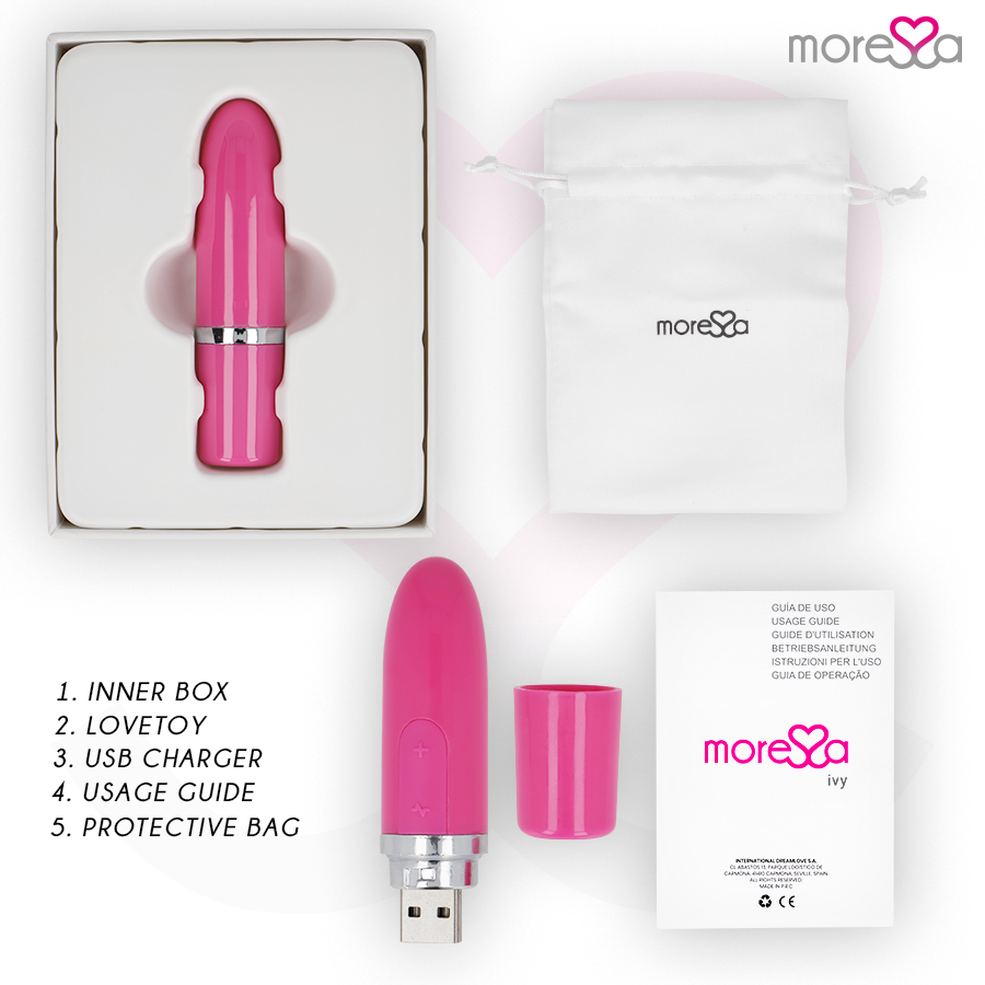 Ein pinkes USB-Liebesspielzeug, eine Box, eine Tasche und eine Anleitung auf weißem Hintergrund.