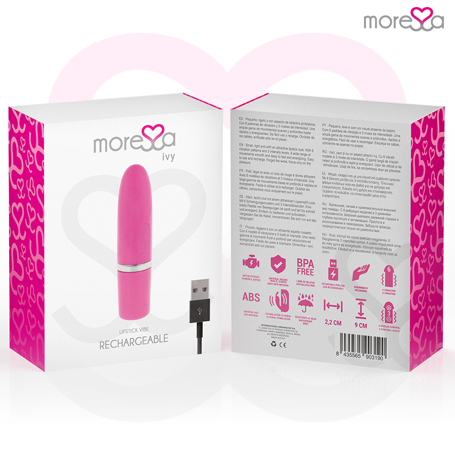 Rosa Lippenstift-Vibrator in weißer Produktverpackung mit USB-Kabel.