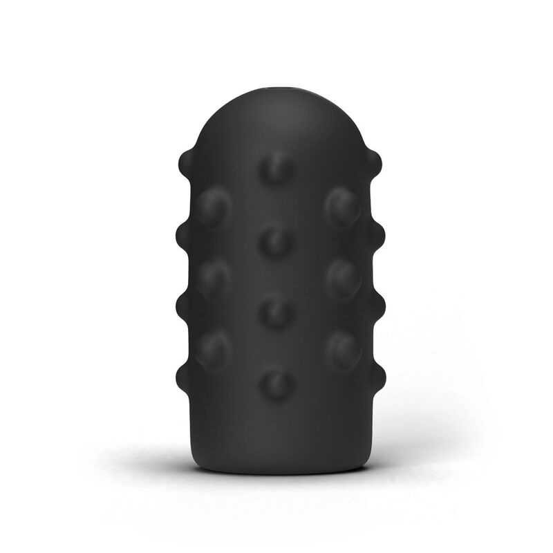 Ein schwarzes, zylindrisches Massagegerät mit abgerundeter Spitze und mehreren Noppen auf weißem Hintergrund.