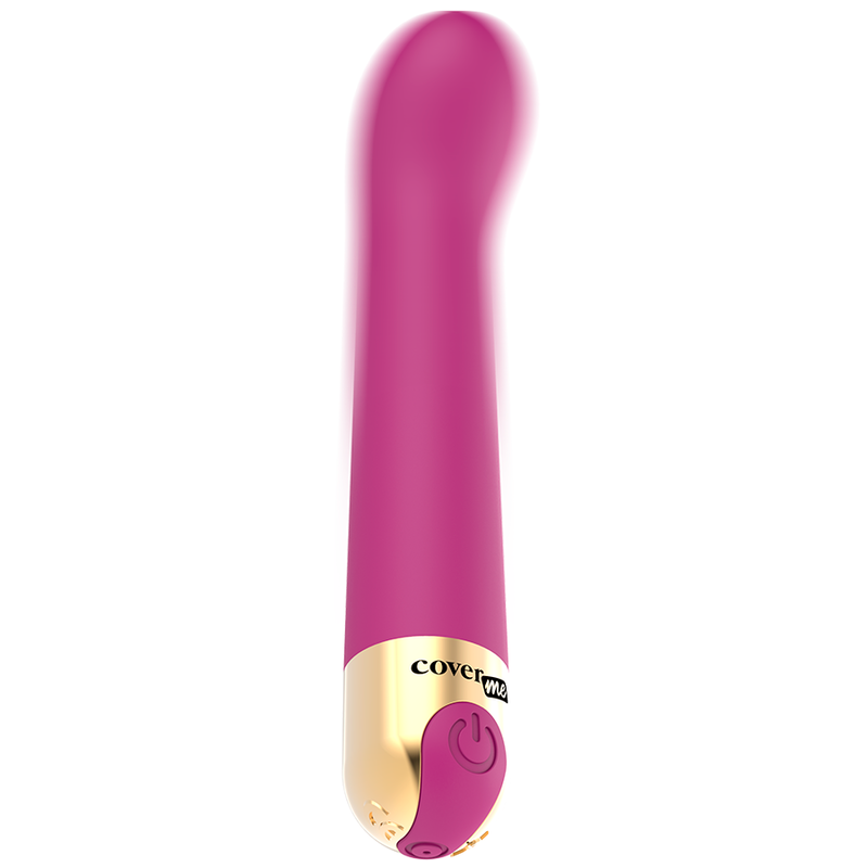 Un vibrador rosa liso con una base dorada y botón de encendido sobre fondo blanco.