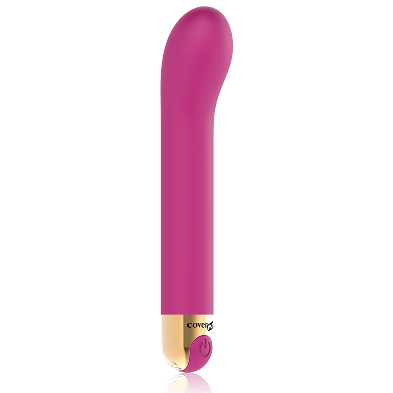 Un vibrador de juguete sexual rosa con un acento dorado en la parte inferior y un botón de encendido.