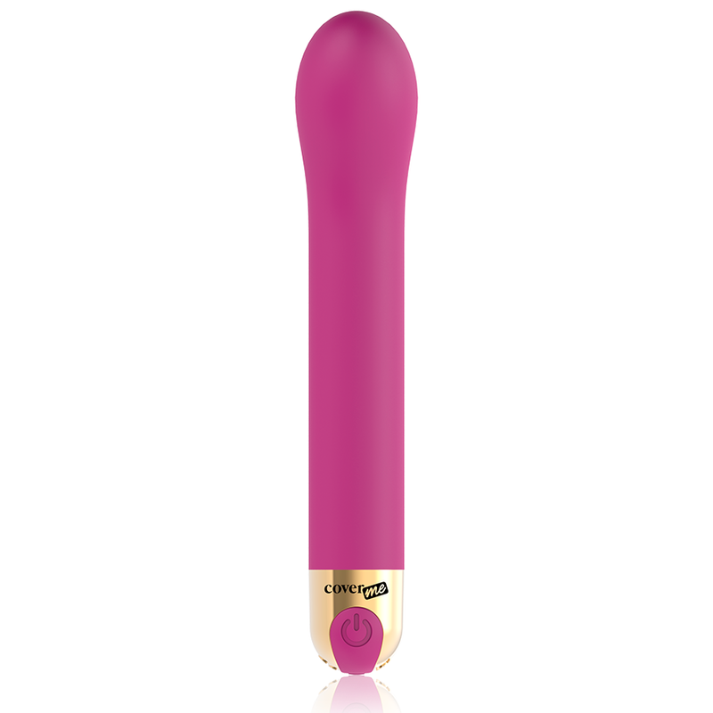 Un vibrador rosa suave con detalles dorados y botón de encendido sobre fondo blanco.