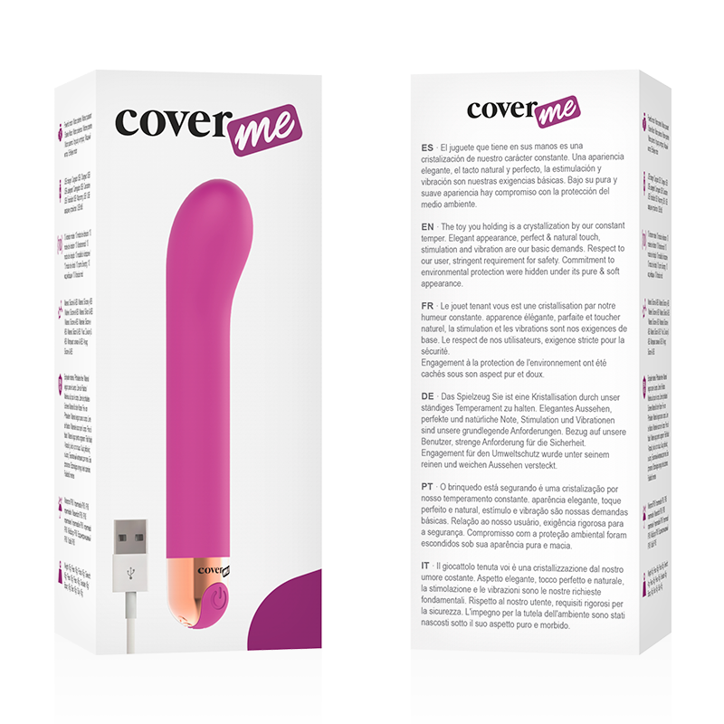 Vibrador rosa con base de cobre, mostrado junto a un empaque blanco con descripciones de productos y un cable USB.
