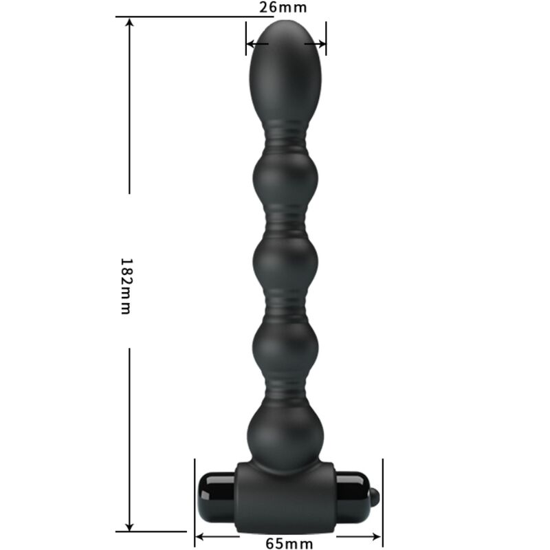 Un juguete anal de cuentas negro con flechas de dimensión que muestran una longitud de 182 mm, ancho de 26 mm y base de 65 mm.