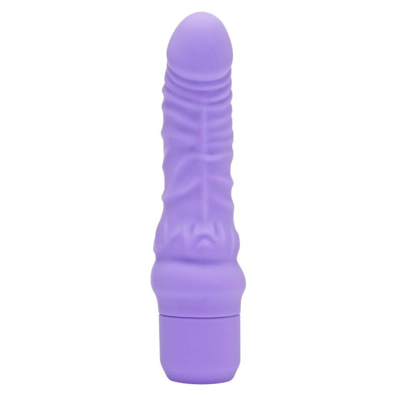 Dildo de juguete para adultos de color morado y texturizado sobre fondo neutro.