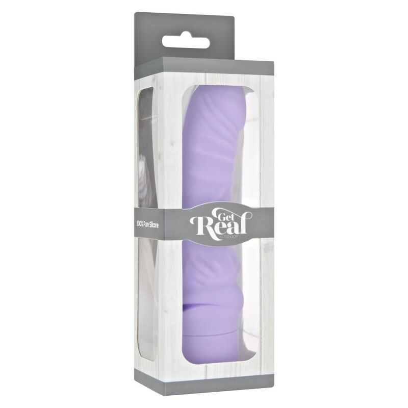 Un dildo de silicona texturizado morado en una caja con diseño de madera blanca y la marca Get Real.