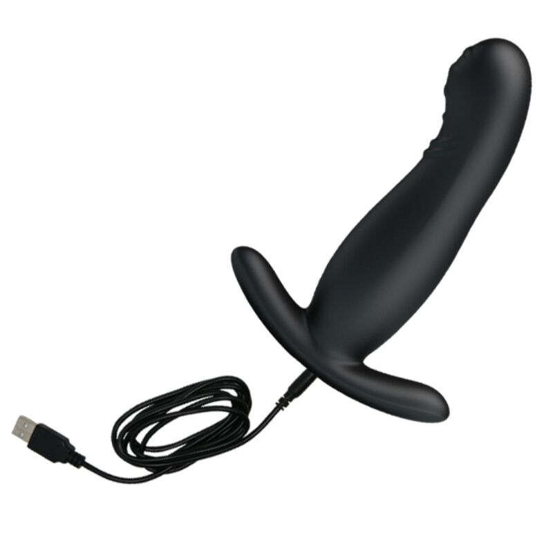 Un juguete sexual ergonómico negro con un mango angulado y un cable de carga USB adjunto.