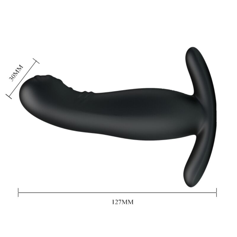 Un juguete sexual de silicona negro con medidas de 30mm y 127mm sobre un fondo blanco.