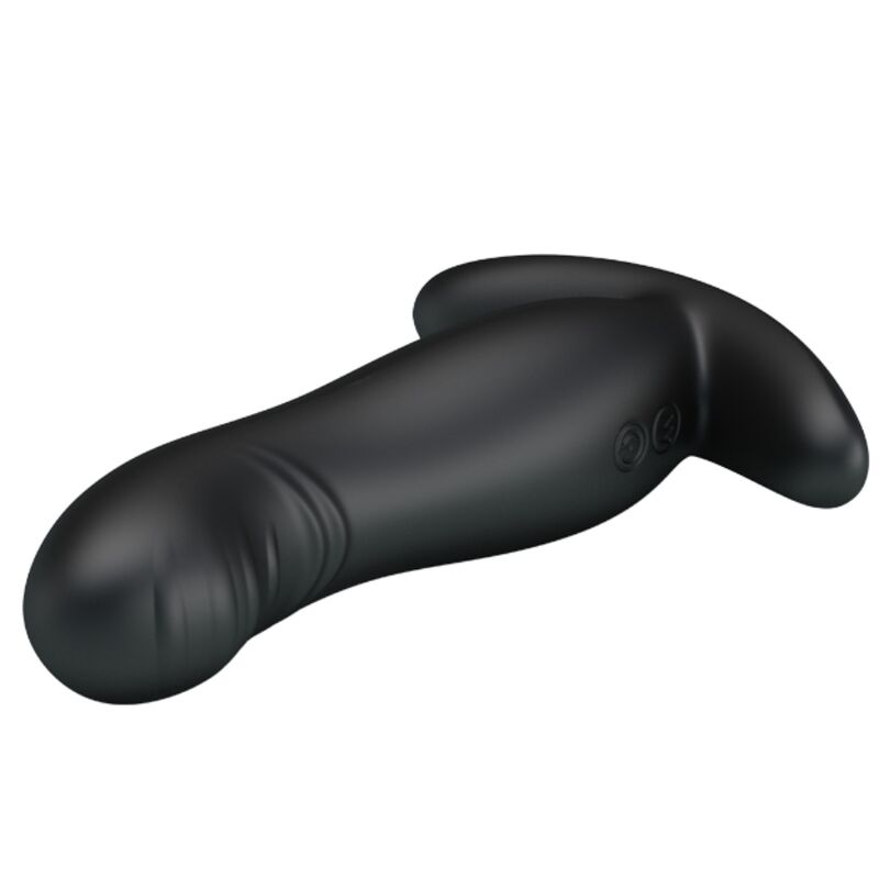 Un juguete para adultos de silicona ergonómico negro sobre fondo blanco.