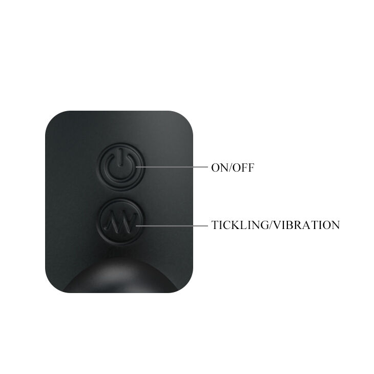 Panel de control negro con dos botones etiquetados como ON/OFF y TICKLING/VIBRATION.