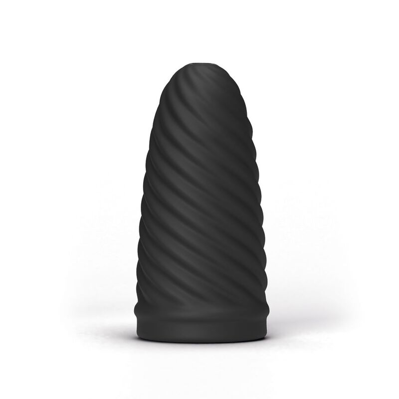Ein schwarzes konisches Objekt mit spiralförmig strukturierter Oberfläche vor weißem Hintergrund.