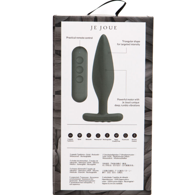Caja de embalaje para juguete triangular Je Joue, con control remoto y texto descriptivo.
