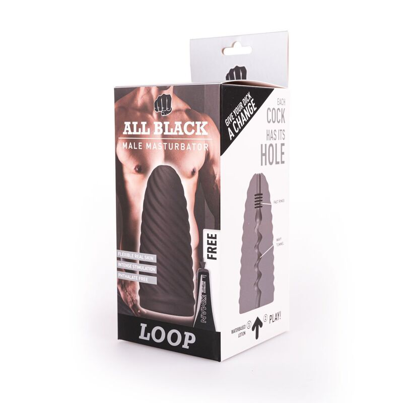 Verpackungsschachtel für den All Black Männermasturbator mit Produktmerkmalen und dunkler strukturierter Einlage.