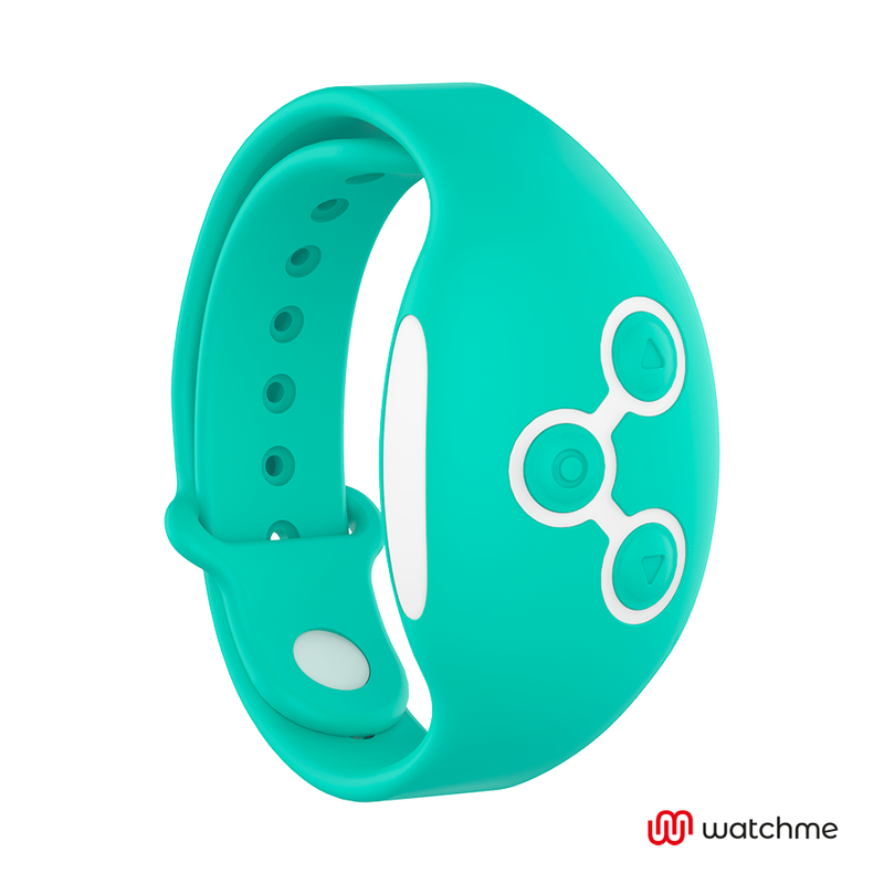 Un reloj inteligente de silicona turquesa con un icono de compartir blanco y el logotipo de watchme.