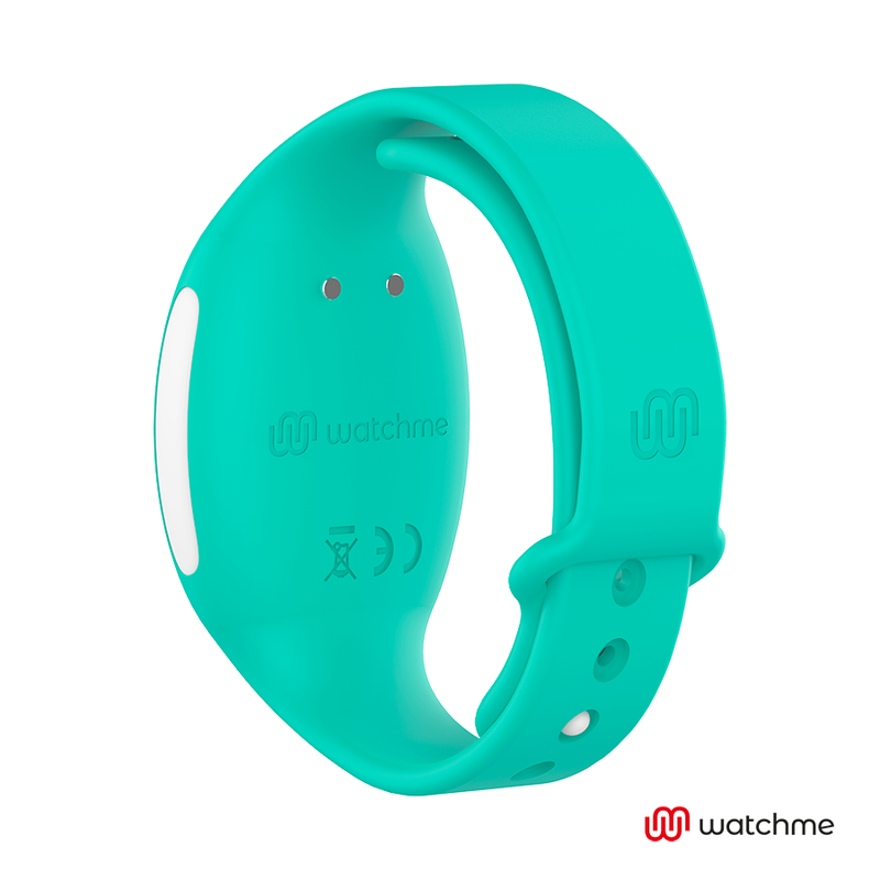 Una pulsera Watchme turquesa con un detalle blanco y logotipo sobre un fondo blanco.