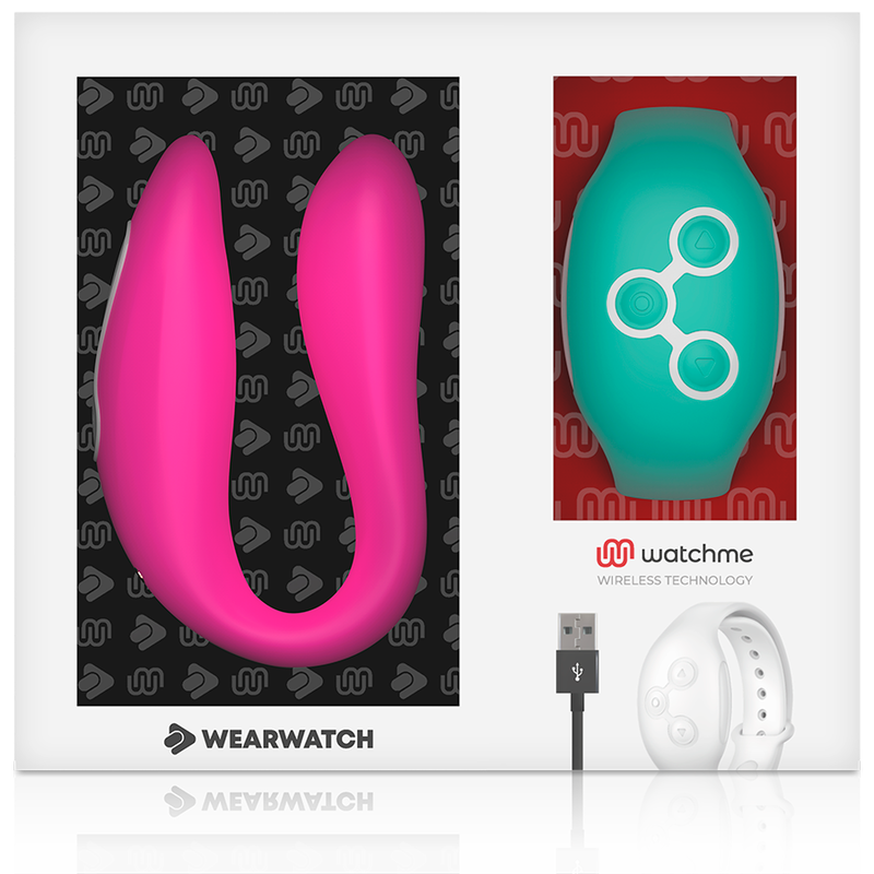 Embalaje con un vibrador rosa en forma de U, control remoto turquesa, cable de carga y pulsera blanca.