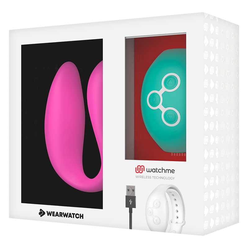 Caja de producto Wearwatch con accesorio rosa, reloj inteligente blanco y cable USB.