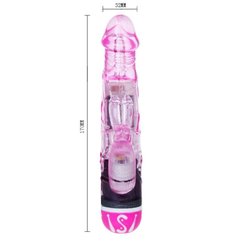 Ein durchsichtiges pinkes Sexspielzeug mit 170 mm Länge und 32 mm Breite vor weißem Hintergrund mit Maßen.