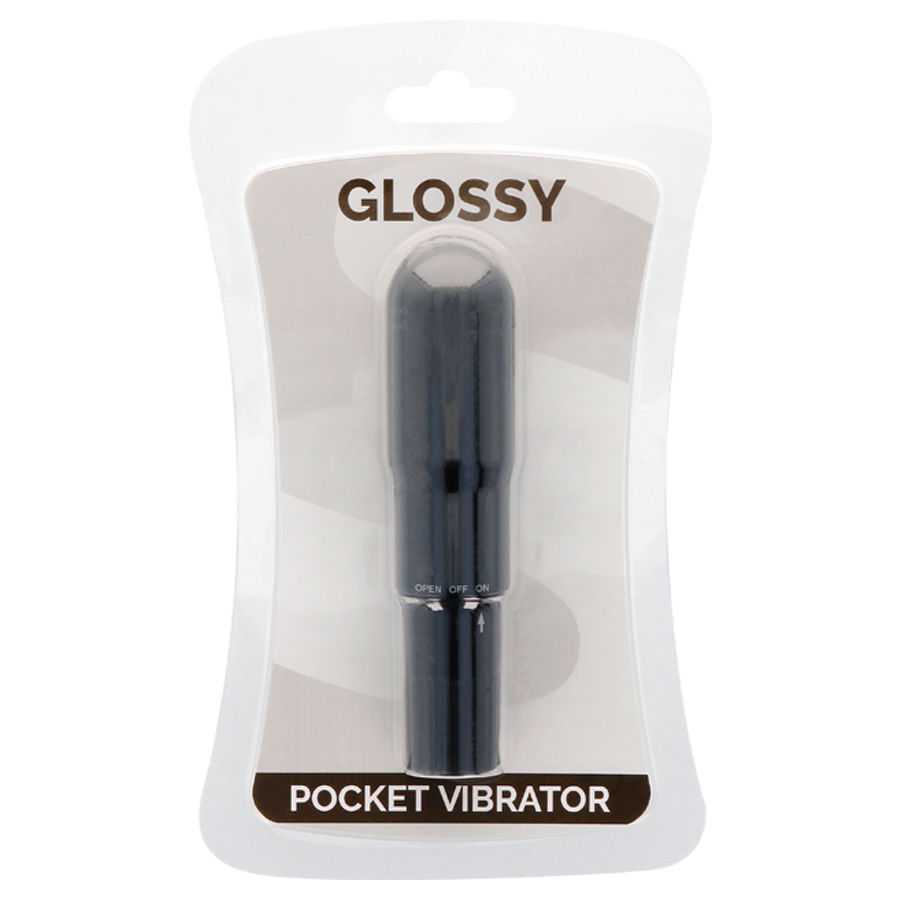 Ein schwarzer Glossy Taschenvibrator in der Original-Plastikverpackung vor weißem Hintergrund.