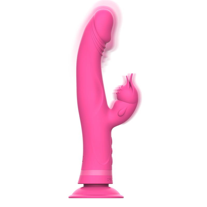 Un vibrador de silicona rosa con ventosa sobre fondo blanco y brillo rojo.