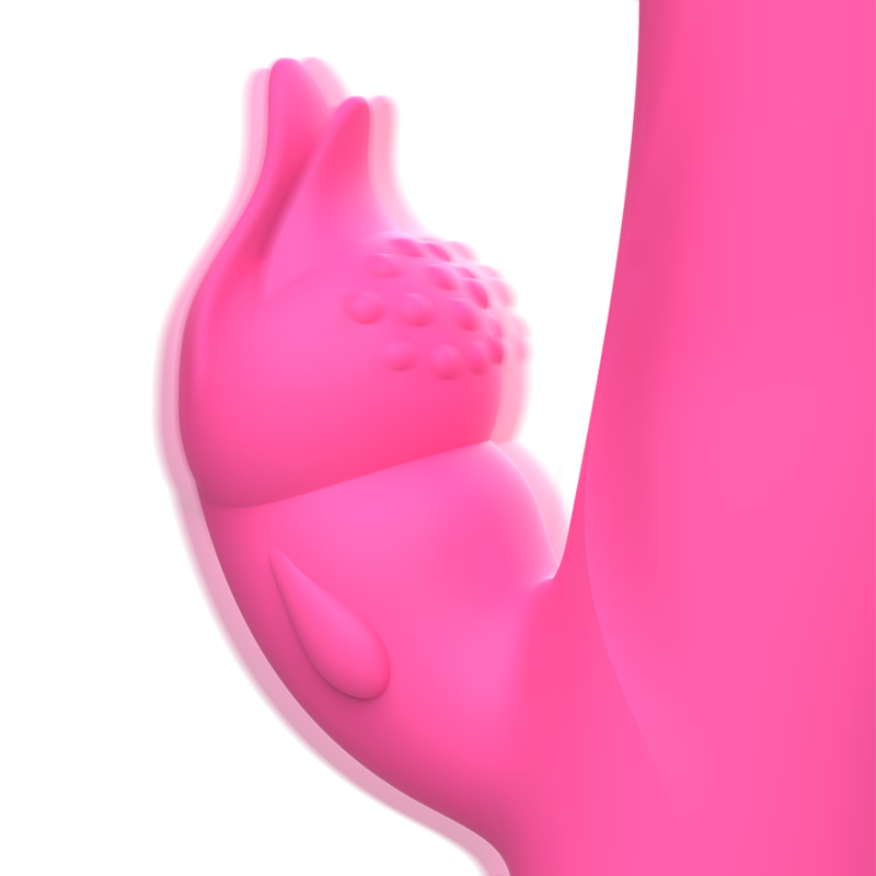 Un dispositivo de bienestar rosa con formas curvas y protuberancias sobre fondo blanco.