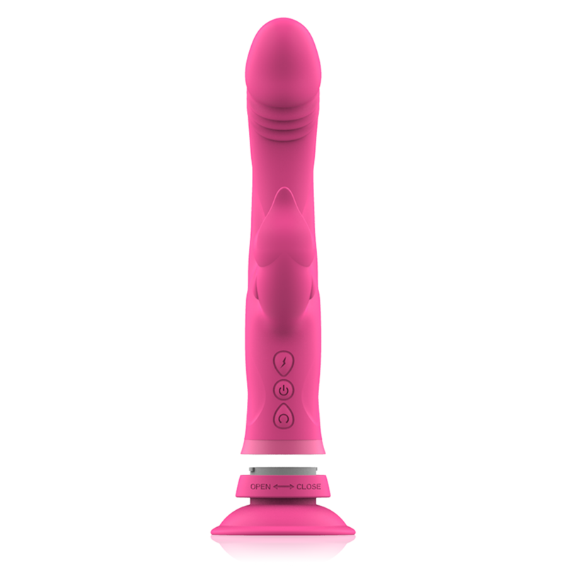 Un dildo rosa y texturizado con tres botones de control y una base de ventosa desmontable.