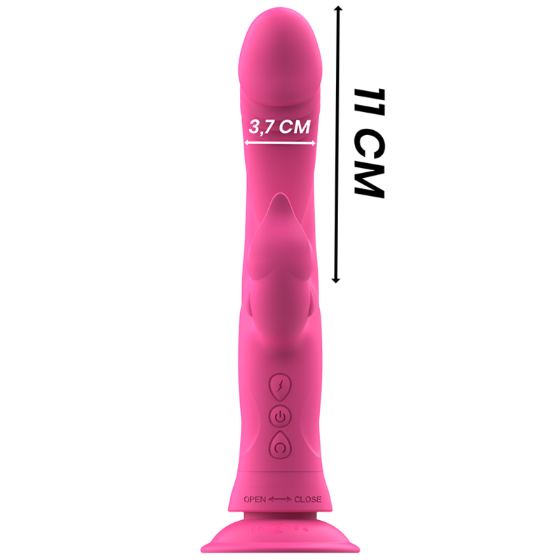 Un juguete sexual de silicona rosa de 11 cm de largo y 3.7 cm de ancho, con botones de control en la base.