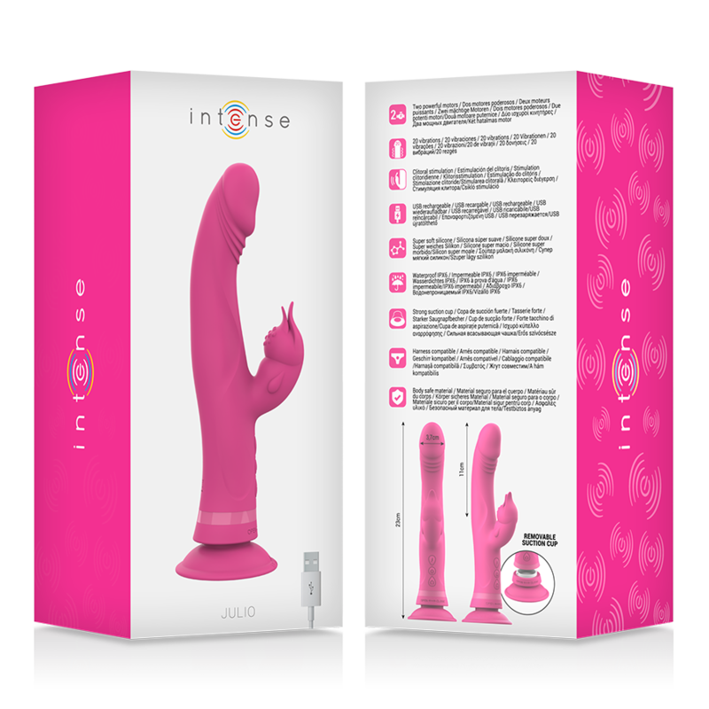 Dildo rosa mostrado en un empaque de producto blanco y rosa con características.