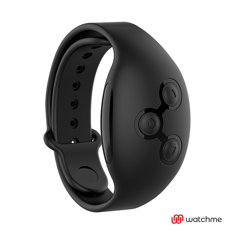 Una pulsera negra con tres botones integrados sobre fondo blanco.